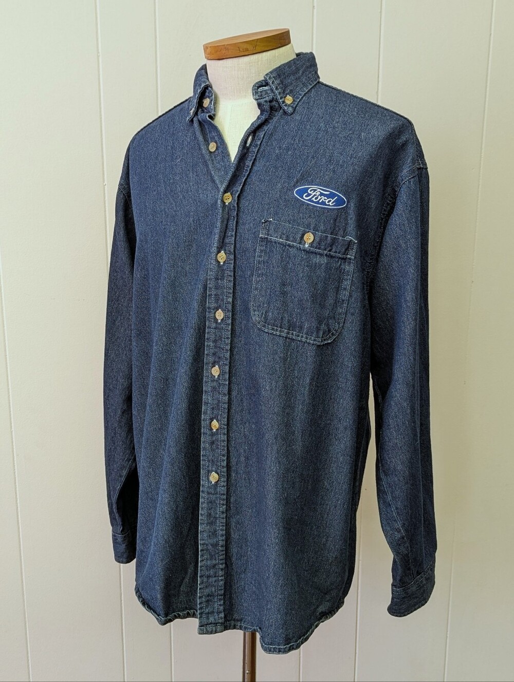 Vintage Dark Wash Denim Button Down Embroidered Ford Logo By Union Line Size L